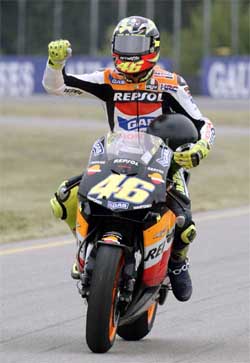 Valentino Rossi of Italy celebrates his victory at the Czech Republic MotoGP Grand Prix