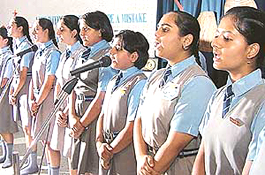 Participants of an inter-school music competition present a patriotic group song at AKSIPS, Sector 41, Chandigarh, on Tuesday. 