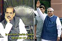 Lok Sabha Speaker Manohar Joshi listens to the debate on the no-confidence motion brought by the Congress in Parliament, on Tuesday and (right) Prime Minister Atal Bihari Vajpayee.