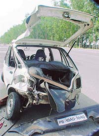 The car that got damaged after it met with an accident with an escort vehicle of the Delhi-Lahore bus at Doraha