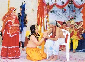 Students of Greenland Senior Secondary School enact the scene of Sudama�s visit to his friend Lord Krishna