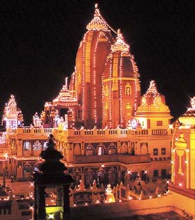 An illuminated Birla temple on the occasion of Janamashtmi in the Capital