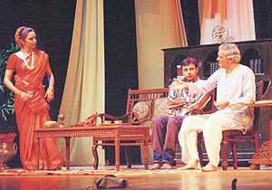 Lilette Dubey (L), Joy Sengupta and Vijay Crishna (R) in action during a performance of "Dance Like a Man" at the Tagore Theatre 
