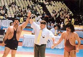 Kartar Singh being declared winner at the World Veterans Wrestling championship