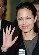 US actress Angelina Jolie waves on her arrival at Domodedovo airport in Moscow