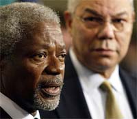 United Nations Secretary-General Kofi Annan and US Secretary of State Colin Powell speak with reporters