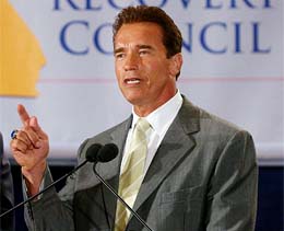 Arnold Schwarzenegger, Republican candidate for governor of California in the October 7 recall election, speaks to reporters after a meeting of Schwarzenegger's Economic Recovery Council in Los Angeles