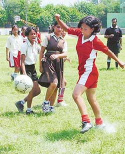 Eves of St. Soldier�s School, Sector 28 and Shishu Niketan School, Sector 22 vie with each other in the first Sub-Junior Girls Football match played at Shivalik Public School, Sector 41, Chandigarh