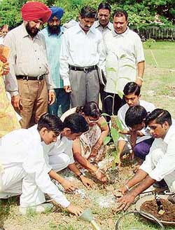 Children take part in a tree plantation programme in Government Model Senior Secondary School, Sector 47, Chandigarh