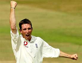 England's James Kirtley celebrates after dismissing South African opener Herschelle Gibbs 