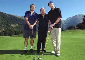 Former French soccer star Michel Platini, FIFA President Sepp Blatter and former German tennis star Boris Becker pose during the Sepp Blatter Challenge Golf tournament 