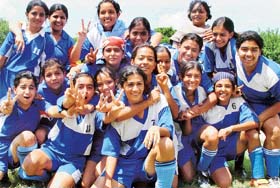 Jubilant girls of Sacred Heart Senior Secondary School, Sector 26, after winning the Chandigarh Sub-junior girls soccer title (under-16) in Chandigarh