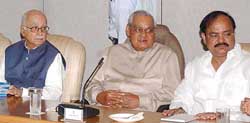 Prime Minister Atal Bihari Vajpayee, Deputy Prime Minister L.K. Advani, BJP President Venkaiah Naidu during the BJP Parliamentary Board meeting 