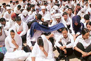 Students of Dr Ambedkar Institute of Hotel Management, Sector 42, Chandigarh, protest against lack of medical facilities at the campus on Wednesday