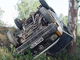 The Tata Sumo which overturned to claim the life of Gurgaon District Youth Congress President Dhir Singh 