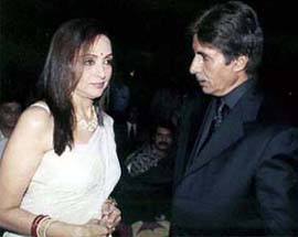 Bollywood stars Amitabh Bachchan and Hema Malini at the music release function of their latest B.R. Chaopra film Baghban 