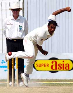 Pakistan's Shoaib Akhtar bowls against Bangladesh on the second day of the second Test match 