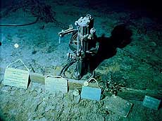 Plaques left behind by visiting expeditions, seen in this July 2003 photo