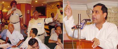 Angry industrialists, sporting black badges, protest against the rising steel prices, while the Union Minister for Steel, Mr B.K. Tripathy