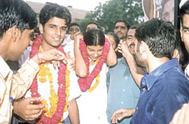 Indian National Students Organisation candidates canvassing on the DU campus.