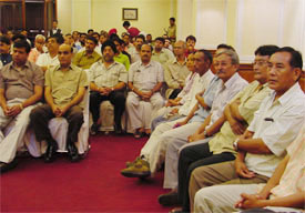 Tibetan traders take part in a seminar of the Indo-Tibetan Hosiery Association