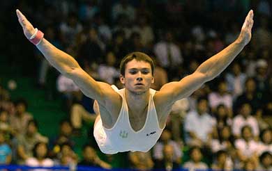 Roman Zozcilya of Ukraine performs during the men's apparatus final 