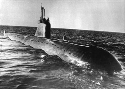An undated photo of a Russian 1960�s era November class nuclear attack submarine