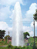 A leaking water supply line in Sector 26, Chandigarh, creates a fountain on Sunday.