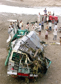 The wreckage of the bus near Nalagarh