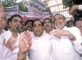 Leaders of Delhi Pradesh Congress Committee during the protest against the NDA Government on the issue of hike in the prices of petrol and diesel at Jantar Mantar