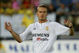 Real Madrid's David Beckham gestures during their Spanish first division match against Villareal 