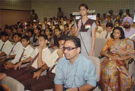 A student poses a question to the President, Dr A.P.J. Abdul Kalam, at an interactive session 