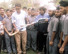 Dhanraj Pillai and Gagan Ajit Singh conducting the first Hockey Clinic for schoolkids at Appu Ghar in the Capital on Thursday