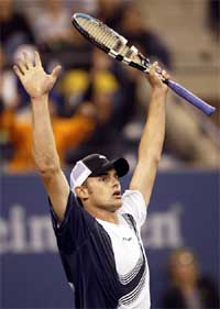 Andy Roddick of the US celebrates his win over Xavier Malisse of Belgium at the US Open