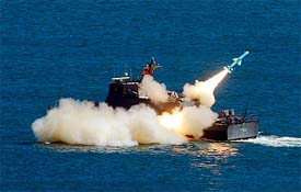 A Taiwan navy missile boat launches a local-made Hsiungfeng II missile