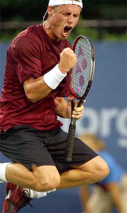 Lleyton Hewitt of Australia reacts during his match against Paradorn Srichaphan
