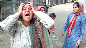 A Kashmiri woman wails after her relative was killed in an explosion at Parimpora in Srinagar on Saturday.