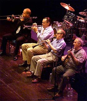 Actor and film director Woody Allen plays clarinet during a performance with his New Orleans Jazz Band