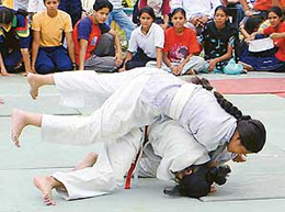 A match in progress during the CBSE North Zone Judo Championship in Chandigarh on Sunday.