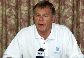 ICC match referee Mike Procter addresses the media about the five-match ban on Rashid Latif 