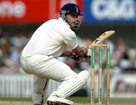 England all rounder Andrew Flintoff hits a four 