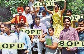 students holding placards of SOPU campaign at Panjab University in Chandigarh 