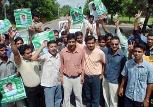 Students gear up for a rally at election to the Panjab University Campus Student Council in Chandigarh.