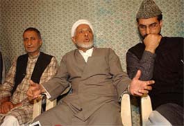 APHC Chairman Maulvi Abbas Ansari addresses a news conference at APHC headquarters in Srinagar