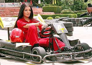 Bollywood star Celina Jaitley goes racing at a go-cart track in Mumbai 