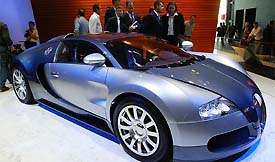 The world's most powerful car series Bugatti EB 16.4 Veyron on display at the International Car Show in Frankfurt