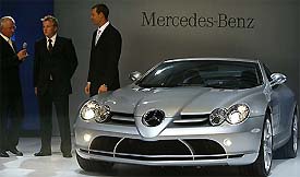 The McLaren Mercedes SLR sport coupe on display at the International Car Show in Frankfurt 