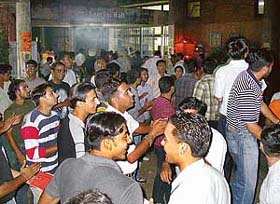 Campaigners of rival parties raise slogans at Sarojini Hall Girls Hostel