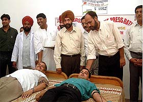 A view of the blood donation camp organised by The Tribune Employees Union at The Tribune office in Chandigarh 