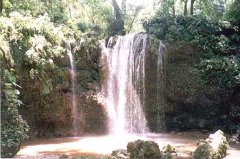 A panoramic view of the Corbett Falls near Kaladhungi in Nainital district